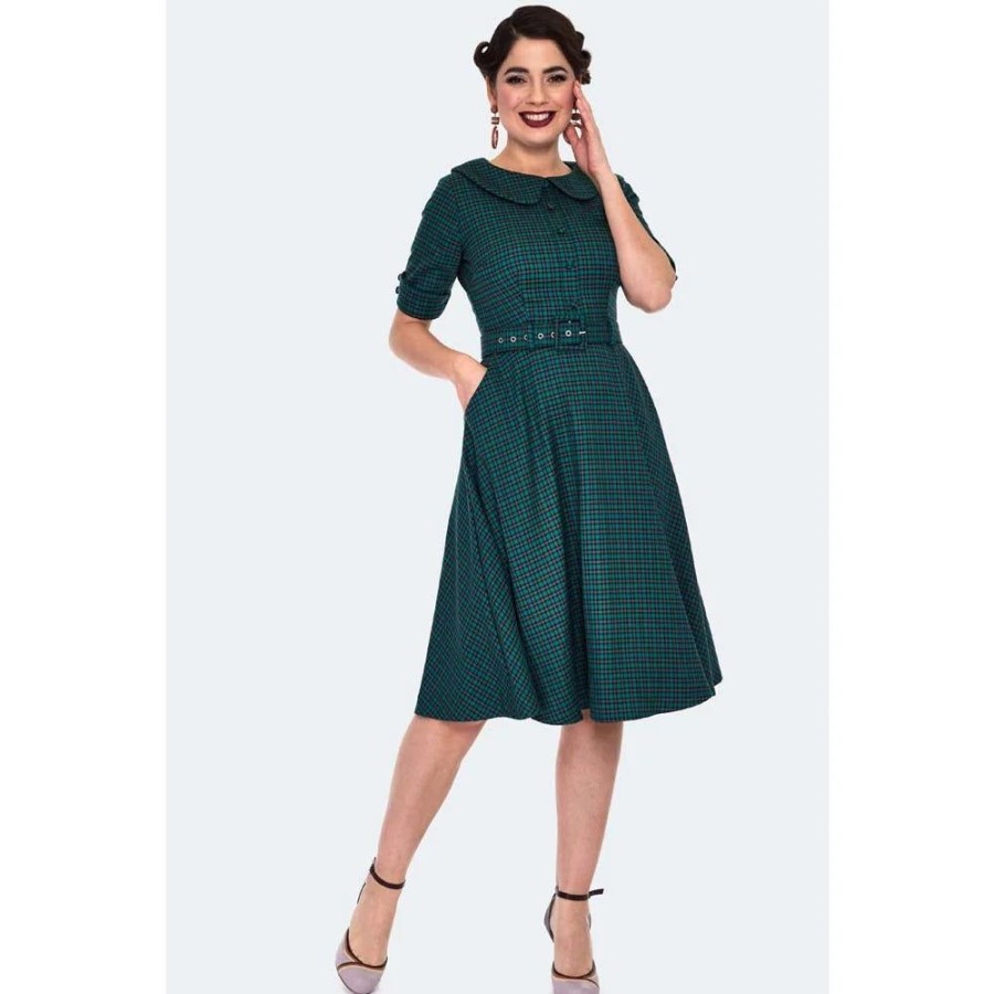 Pretty Kitty Fashion Green And Blue Woven Tartan Check Burns Belted Midi Shirt Dress | Rockabilly Dresses