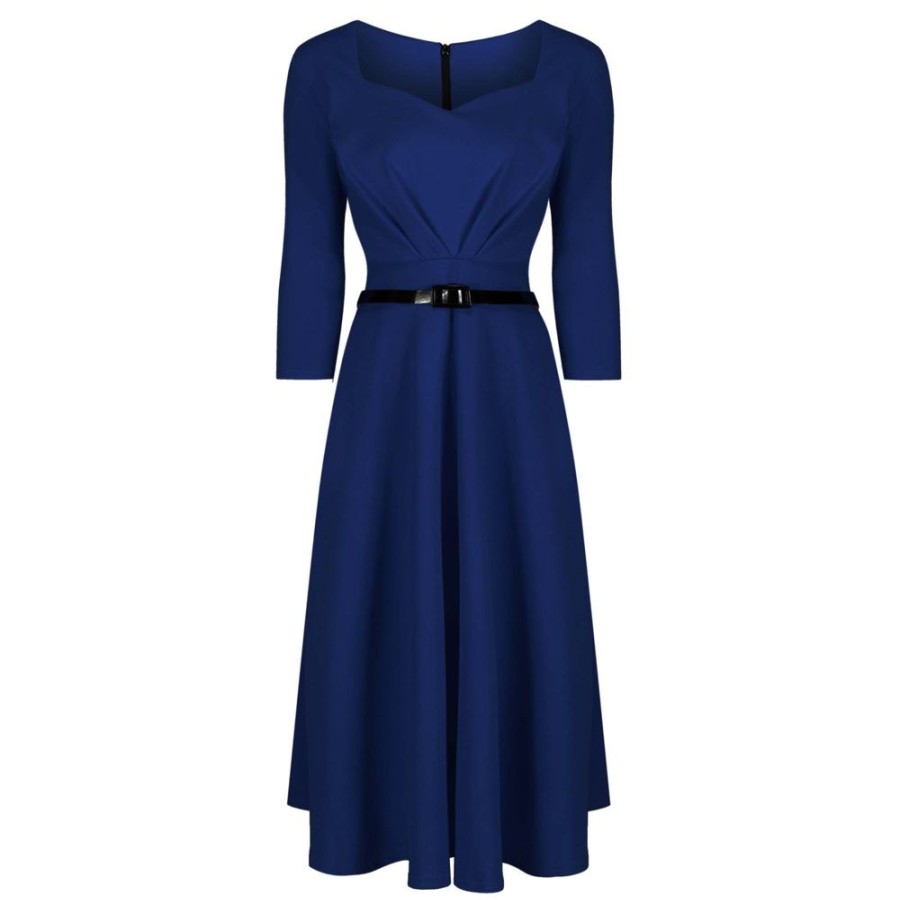 Pretty Kitty Fashion Navy 3/4 Sleeve Belted 50S Swing Dress | Party Dresses