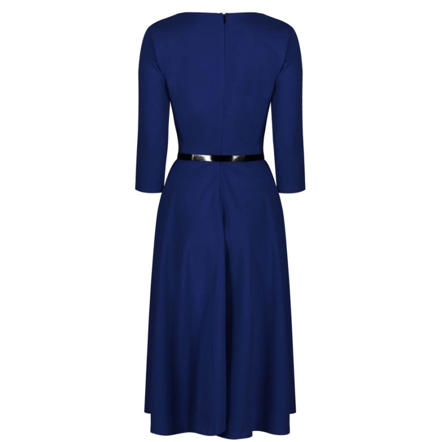 Pretty Kitty Fashion Navy 3/4 Sleeve Belted 50S Swing Dress | Party Dresses