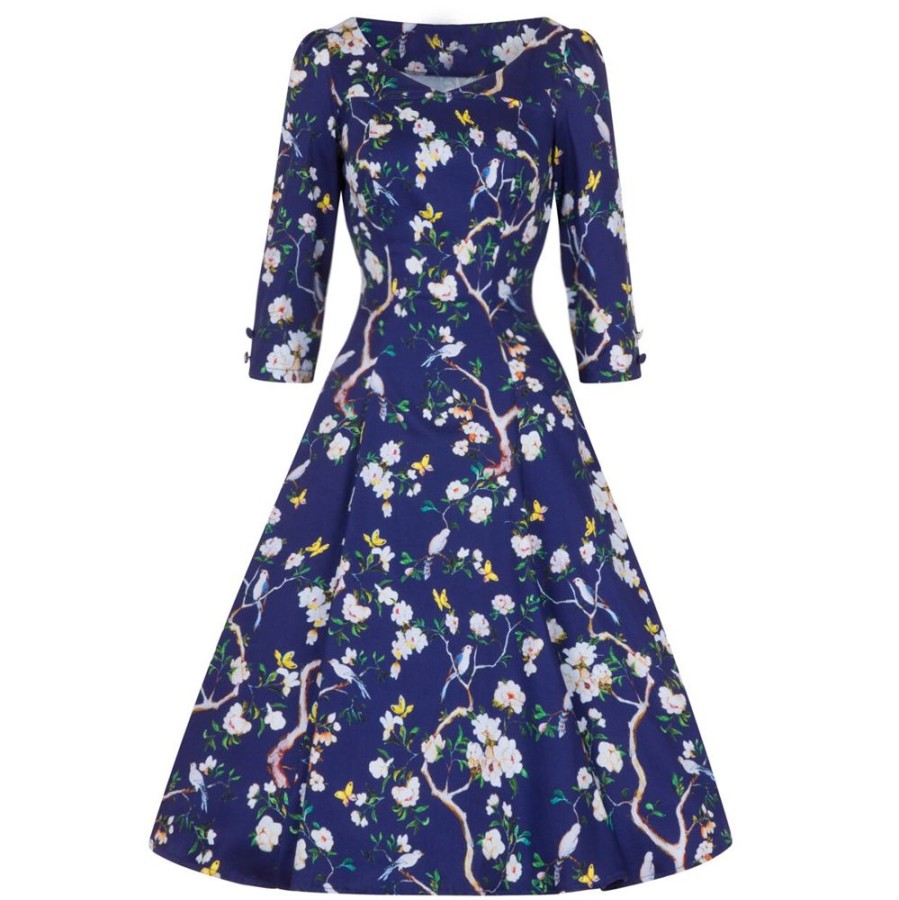 Pretty Kitty Fashion Navy Bird And Floral Print 3/4 Sleeve 50S Swing Dress | Rockabilly Dresses