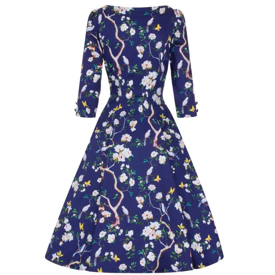 Pretty Kitty Fashion Navy Bird And Floral Print 3/4 Sleeve 50S Swing Dress | Rockabilly Dresses