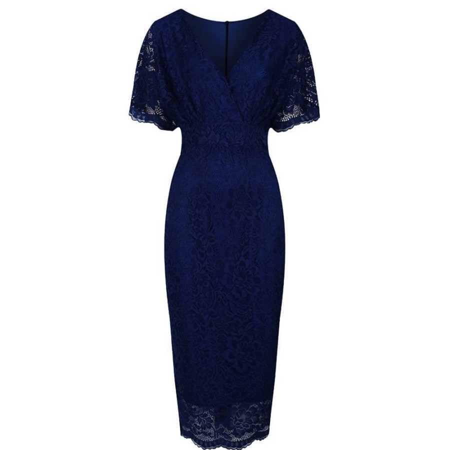 Pretty Kitty Fashion Blue Vintage Lace Detail Bodycon Midi Pencil Dress | Wiggle Dresses