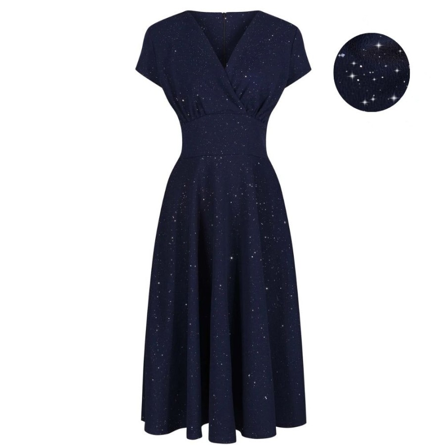 Pretty Kitty Fashion Navy Sparkly Glitter A Line Crossover Top Capped Sleeve Tea Swi | 50S Swing Dresses