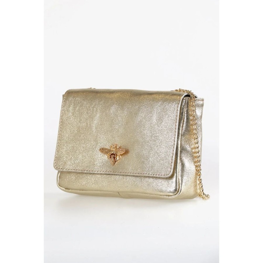 MSH Metallic Gold Italian Leather Handbag With Bee Emblem And Chain Strap | Bags & Purses