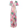 Pretty Kitty Fashion Summer Pastel Leaves Print Waterfall Sleeve Wrapover Maxi Dress | Party Dresses