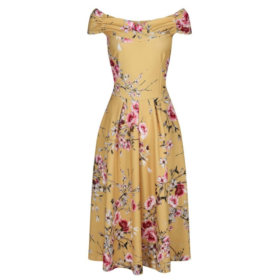 Pretty Kitty Fashion Yellow Floral Print Crossover Bardot 50S Swing Dress | Rockabilly Dresses