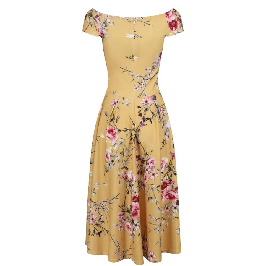 Pretty Kitty Fashion Yellow Floral Print Crossover Bardot 50S Swing Dress | Rockabilly Dresses