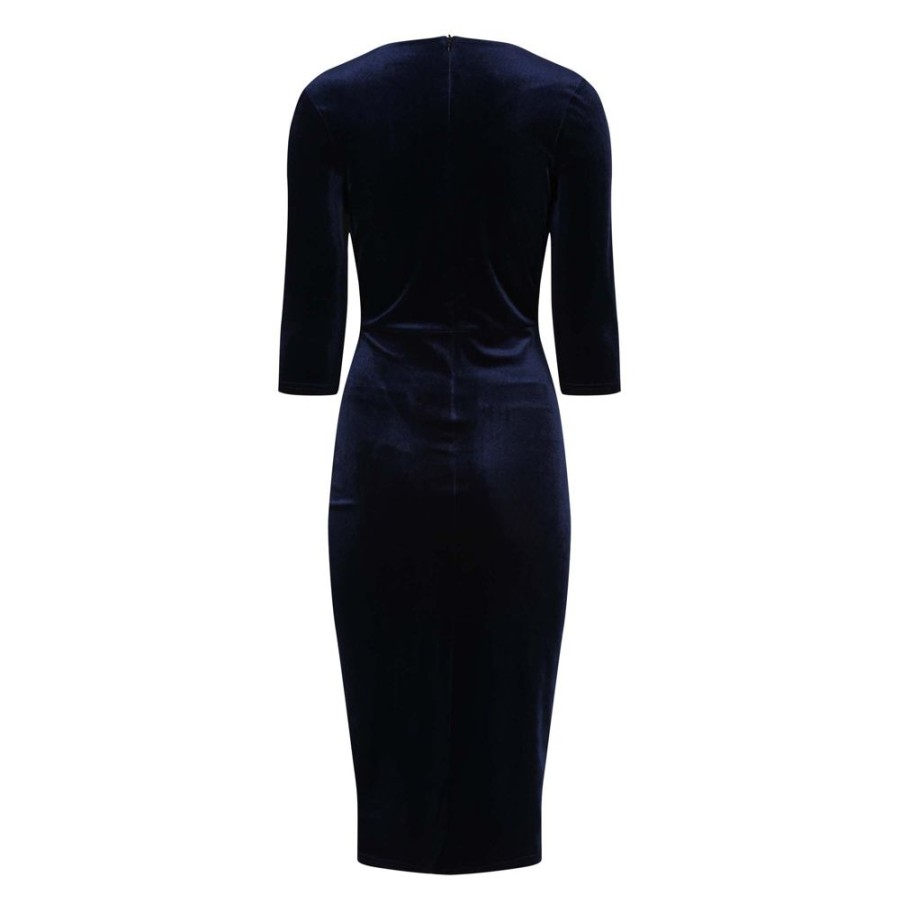 Pretty Kitty Fashion Blue Velour Deep V 3/4 Sleeve Bodycon Ruched Waist Wiggle Dress | Pencil Dresses