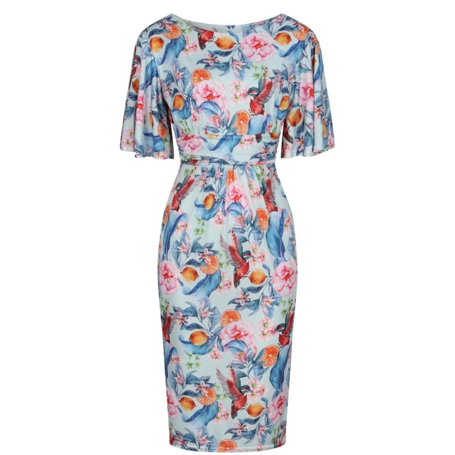 Pretty Kitty Fashion Tropical Floral Fruit Print Waterfall Sleeve Bodycon Pencil Dress | 50S Swing Dresses