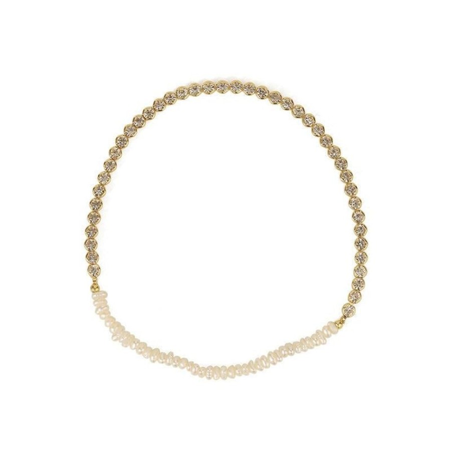 White Leaf Freshwater Pearl And Cz Gold Plated Stretch Bracelet | Jewellery