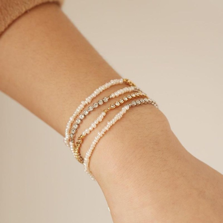 White Leaf Freshwater Pearl And Cz Gold Plated Stretch Bracelet | Jewellery