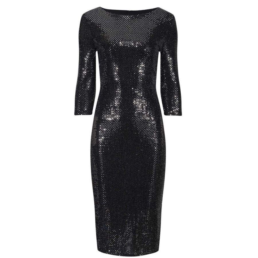 Pretty Kitty Fashion And Silver Sequin 3/4 Sleeve Bodycon Pencil Wiggle Party Dress | Little Black Dresses