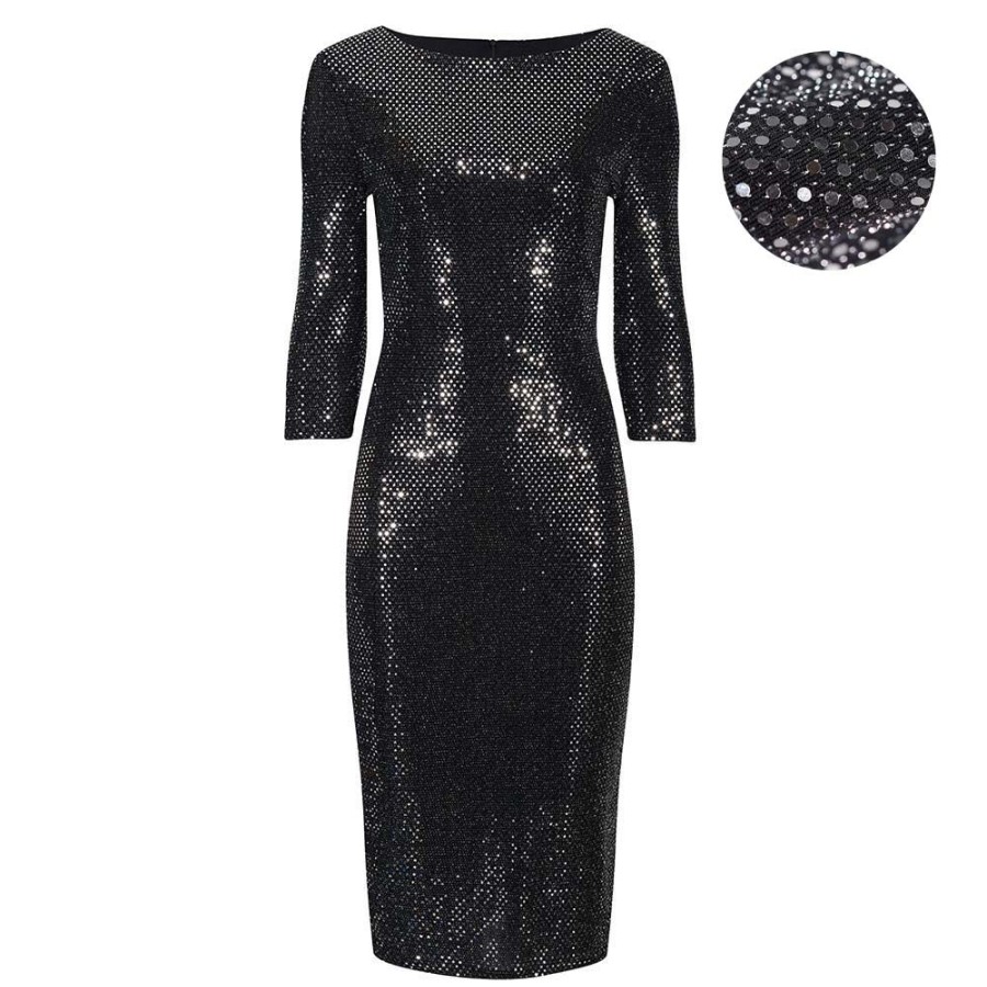 Pretty Kitty Fashion And Silver Sequin 3/4 Sleeve Bodycon Pencil Wiggle Party Dress | Little Black Dresses