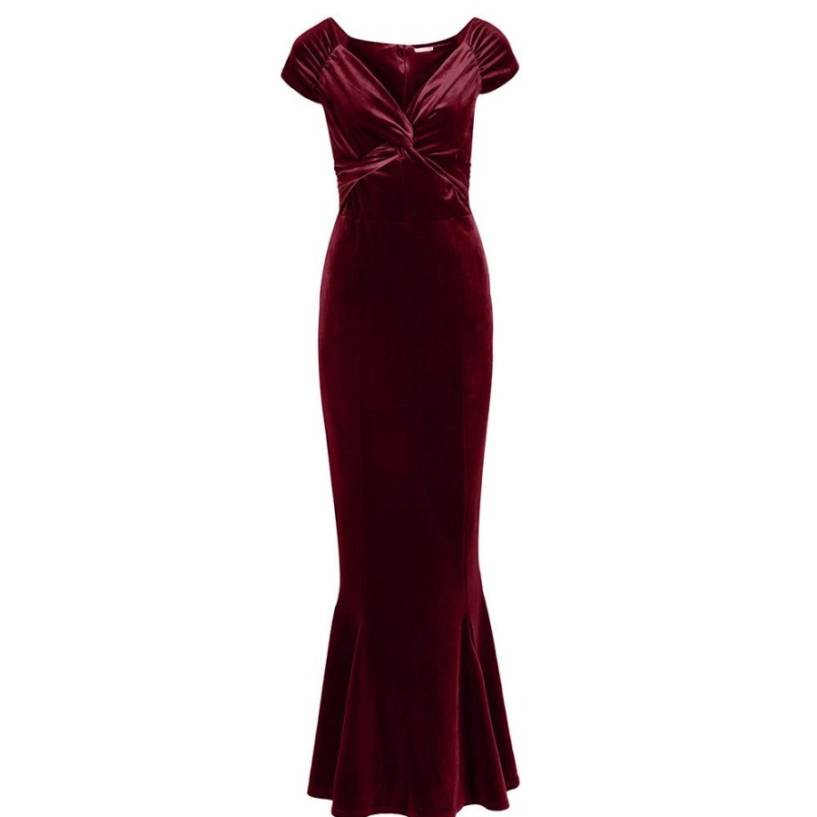 Pretty Kitty Fashion Claret Cap Sleeve Twist Bust Fishtail Hem Velour Maxi Dress | Party Dresses