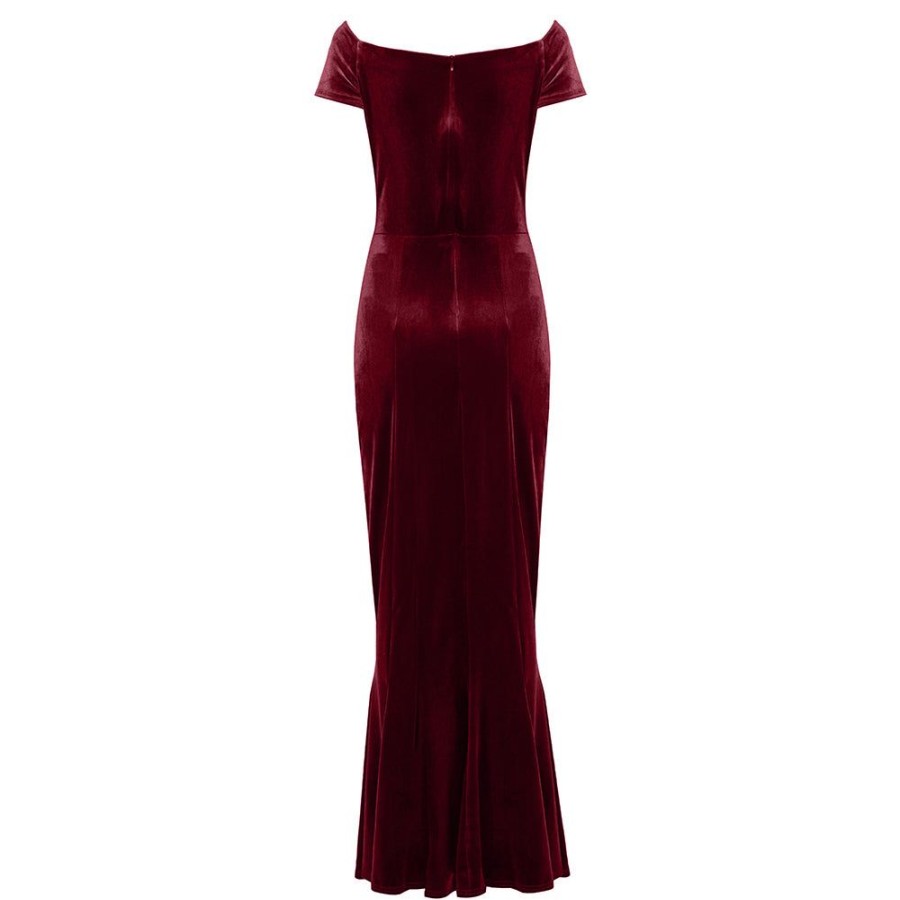 Pretty Kitty Fashion Claret Cap Sleeve Twist Bust Fishtail Hem Velour Maxi Dress | Party Dresses