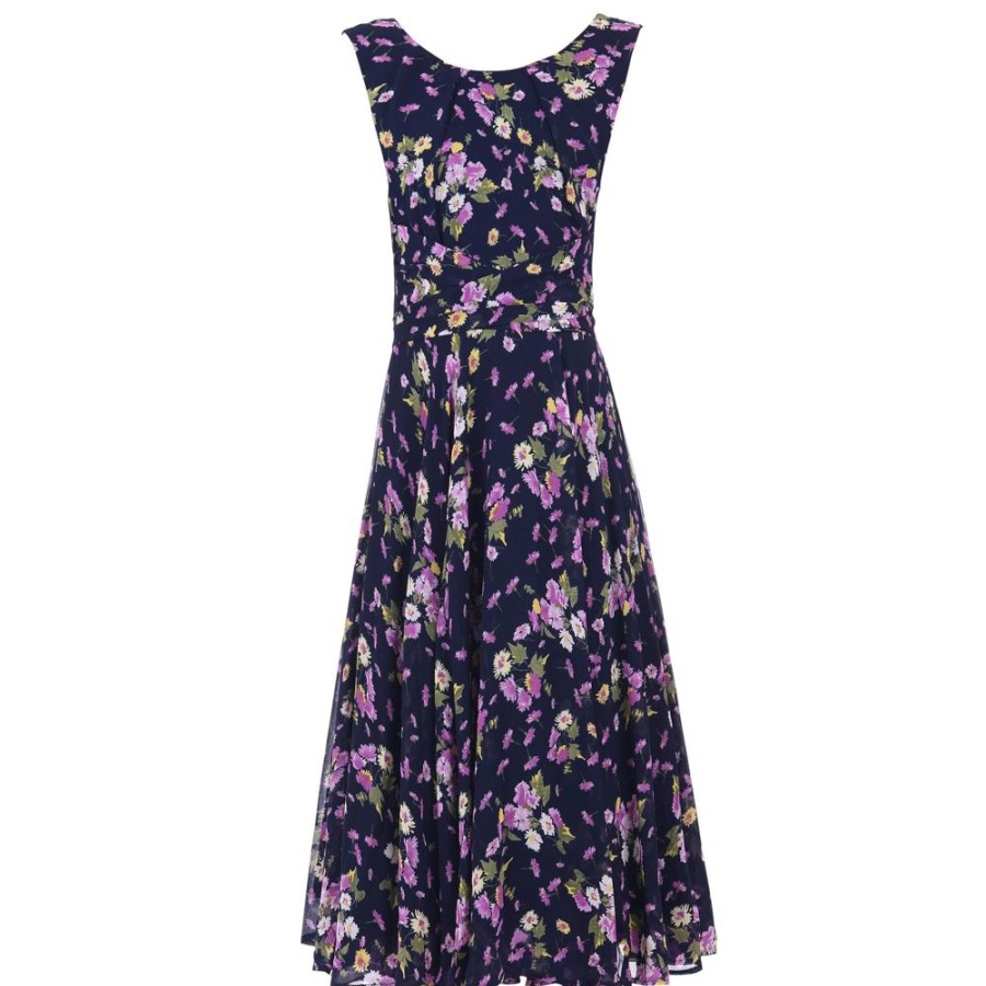 Jolie Moi Jolie Moi Navy Floral Sleeveless Chiffon 50S Swing Audrey Dress | Floral Dresses