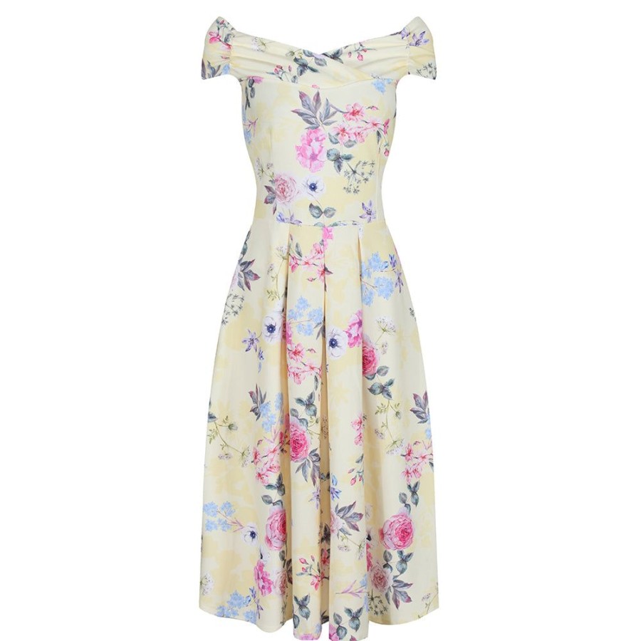 Pretty Kitty Fashion Floral Print Cap Sleeve Crossover Top 50S Swing Bardot Dress | Bardot Dresses