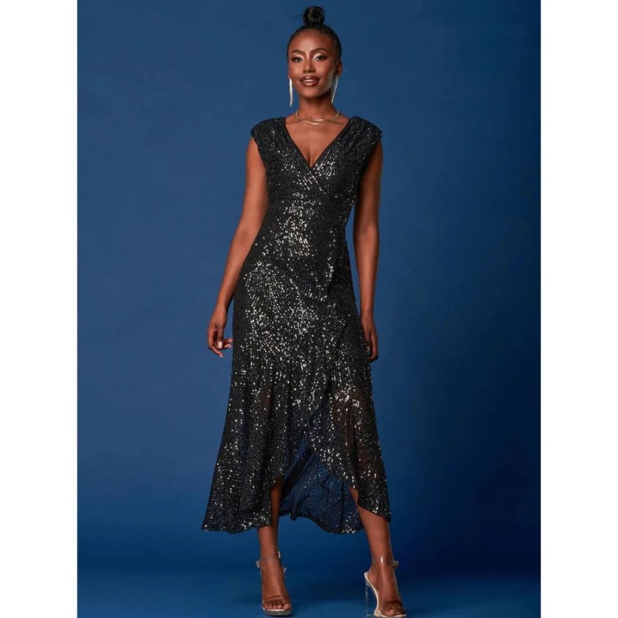 Jolie Moi Jolie Moi Wrap Ruffle Hem Sequin Dress | Maxi Dresses