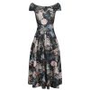 Pretty Kitty Fashion Navy Black Floral Print Crossover Bardot 50S Swing Dress | Floral Dresses