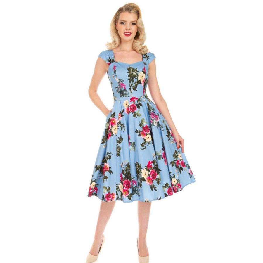 Pretty Kitty Fashion Sky Floral Print Sweetheart Neckline Rockabilly 50S Swing Dress W | 50S Swing Dresses