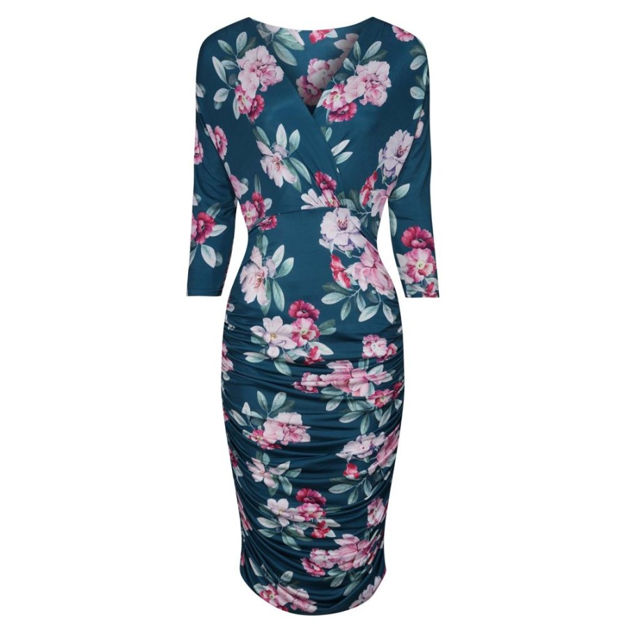 Pretty Kitty Fashion Floral Print 3/4 Sleeve Wrap Over Midi Dress | Party Dresses