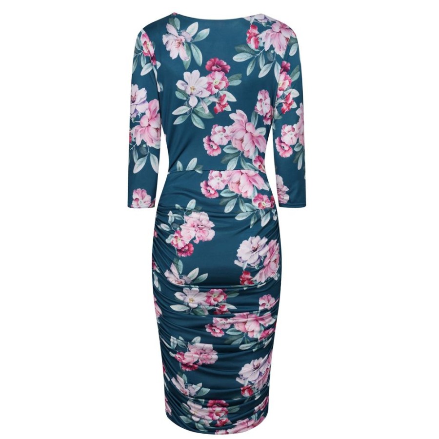 Pretty Kitty Fashion Floral Print 3/4 Sleeve Wrap Over Midi Dress | Party Dresses