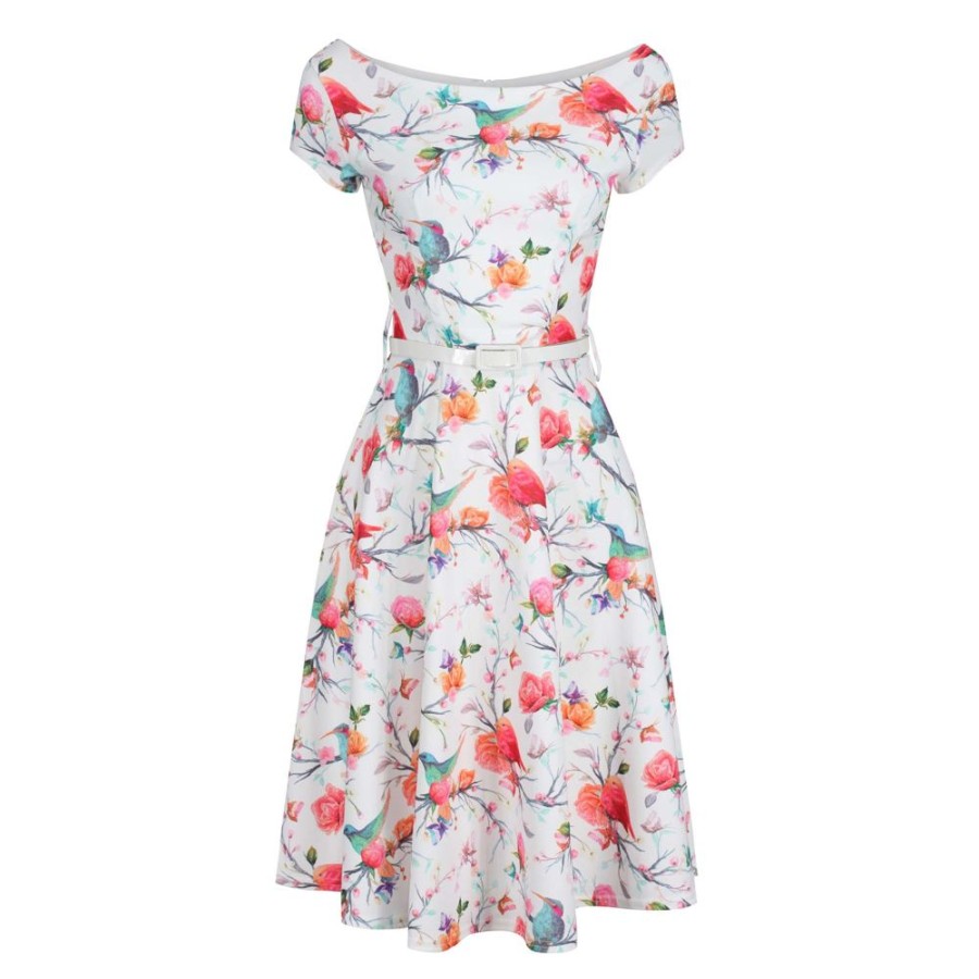 Pretty Kitty Fashion Pink Summer Bird Butterfly Print Capped Sleeve Belted Summer Dre | Floral Dresses