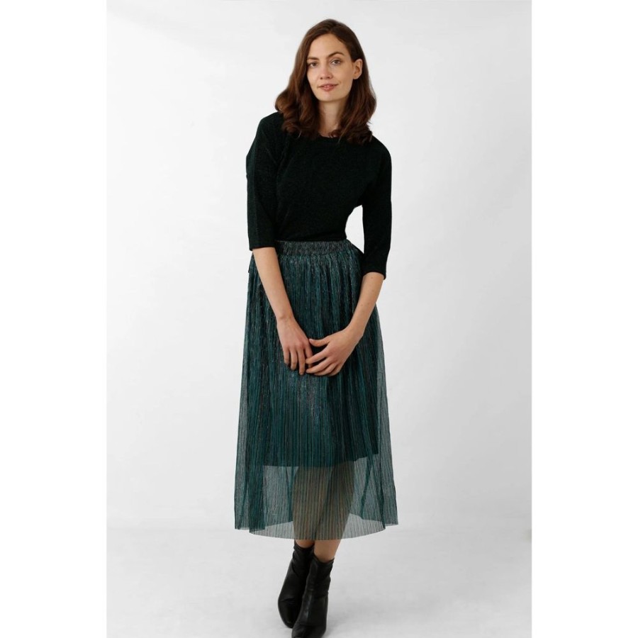 Hell Bunny Stripe Green Metallic Pleated Skirt | Skirts