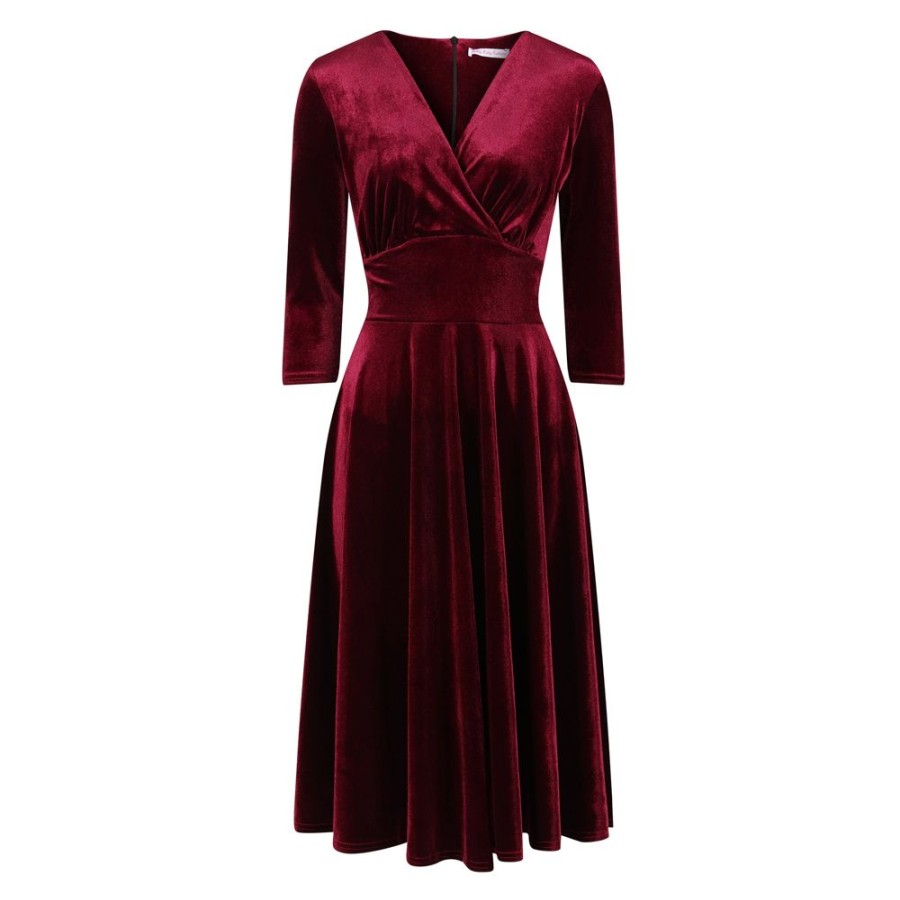 Pretty Kitty Fashion Claret Red Velour Deep V Wrapover 3/4 Sleeve Swing Dress | Party Dresses