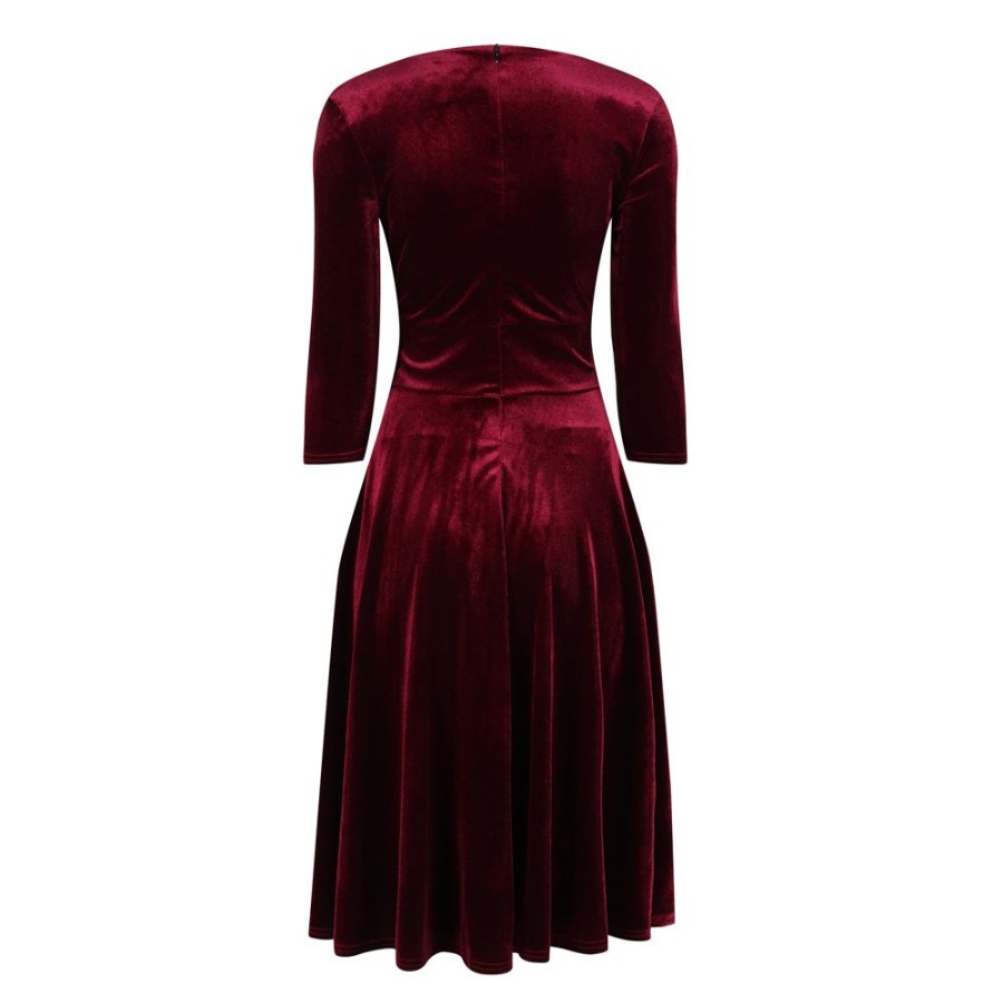 Pretty Kitty Fashion Claret Red Velour Deep V Wrapover 3/4 Sleeve Swing Dress | Party Dresses