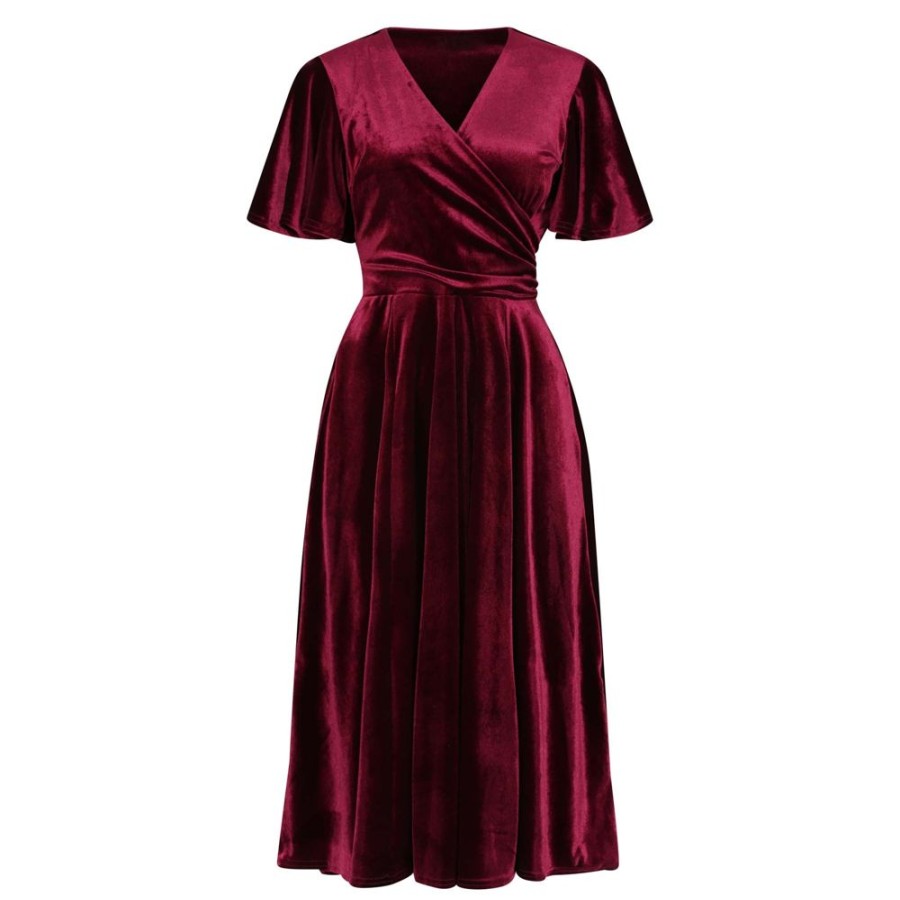 Pretty Kitty Fashion Claret Velour Waterfall Sleeve Crossover Wrap Effect Swing Dress | 50S Swing Dresses