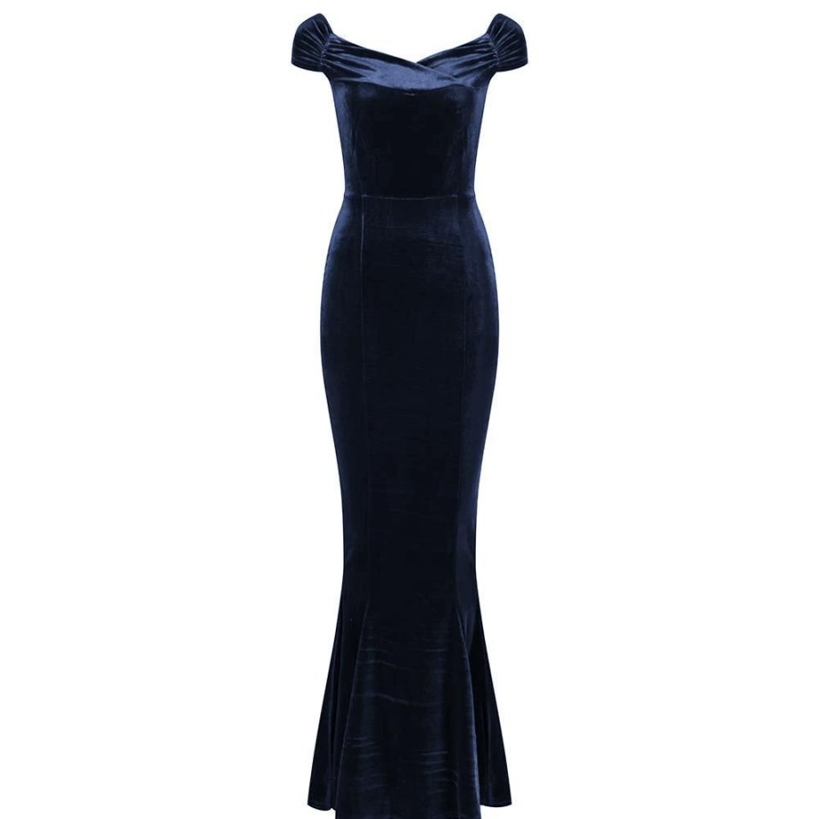 Pretty Kitty Fashion Navy Cap Sleeve Crossover Bust Fishtail Hem Velour Maxi Dress | Party Dresses