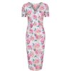 Pretty Kitty Fashion White Pink Floral Print Short Sleeve Summer Bodycon Wiggle Dress | Pencil Dresses