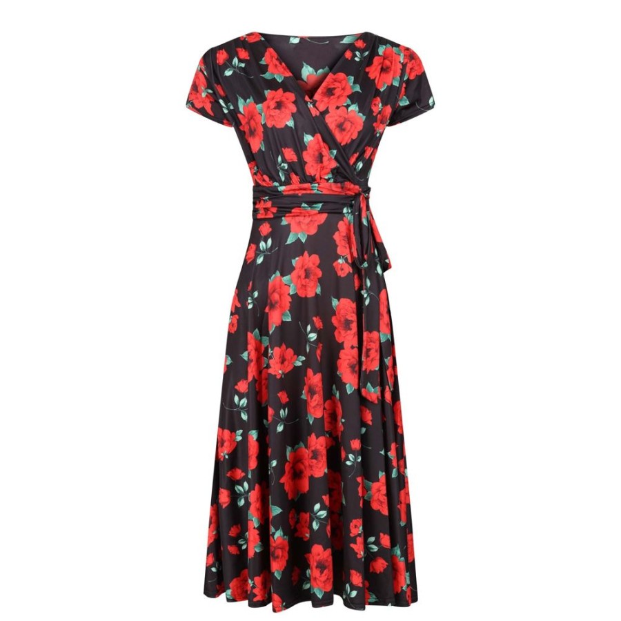 Pretty Kitty Fashion And Red Rose Print Cap Sleeve Fit And Flare Midi Dress | Floral Dresses