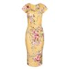 Pretty Kitty Fashion Mustard Floral Print Cap Sleeve V Neck 40S Style Wiggle Dress | Pencil Dresses