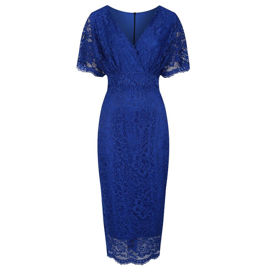 Pretty Kitty Fashion Royal Vintage Lace Detail Bodycon Midi Pencil Dress | Floral Dresses