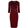 Pretty Kitty Fashion Wine V Neck Wrap Effect 3/4 Sleeve Midi Pencil Dress | Wiggle Dresses