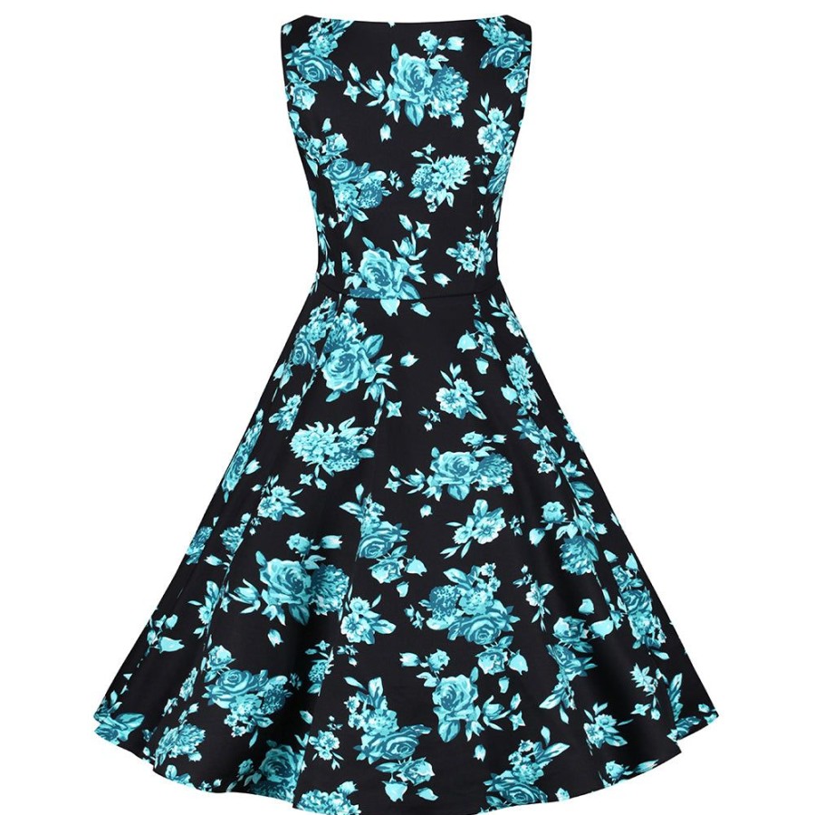 Hearts and Roses Black And Blue Floral Print Rockabilly 50S Swing Dress | Rockabilly Dresses