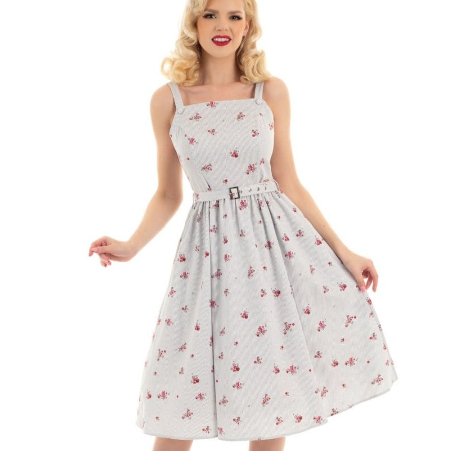 Pretty Kitty Fashion White Blue Grey Pin Stripe Floral Print Strappy Rockabilly 50S Swing D | Floral Dresses