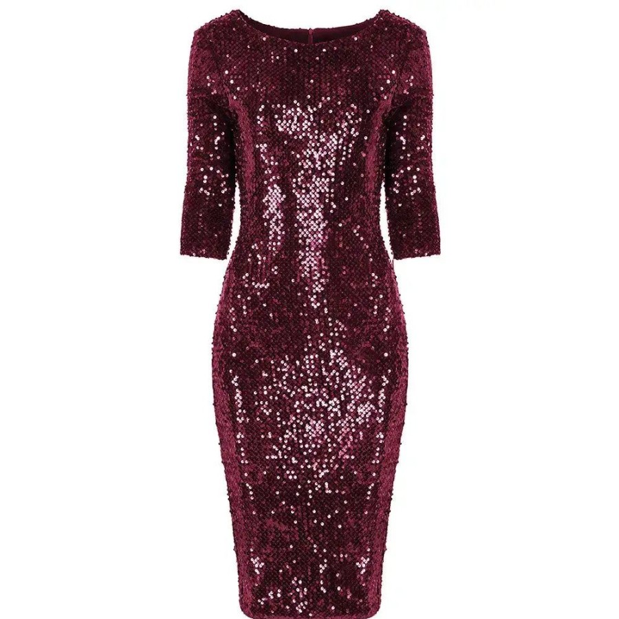 Pretty Kitty Fashion Claret Wine Velour Sequin Wiggle Dress | Party Dresses