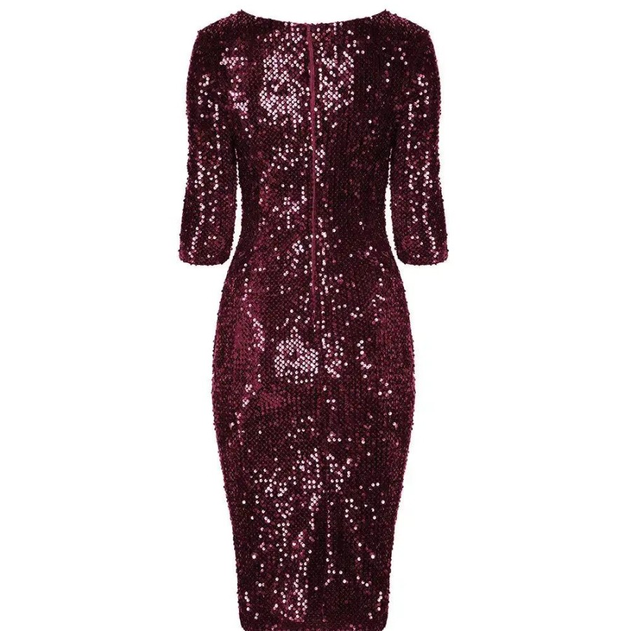 Pretty Kitty Fashion Claret Wine Velour Sequin Wiggle Dress | Party Dresses