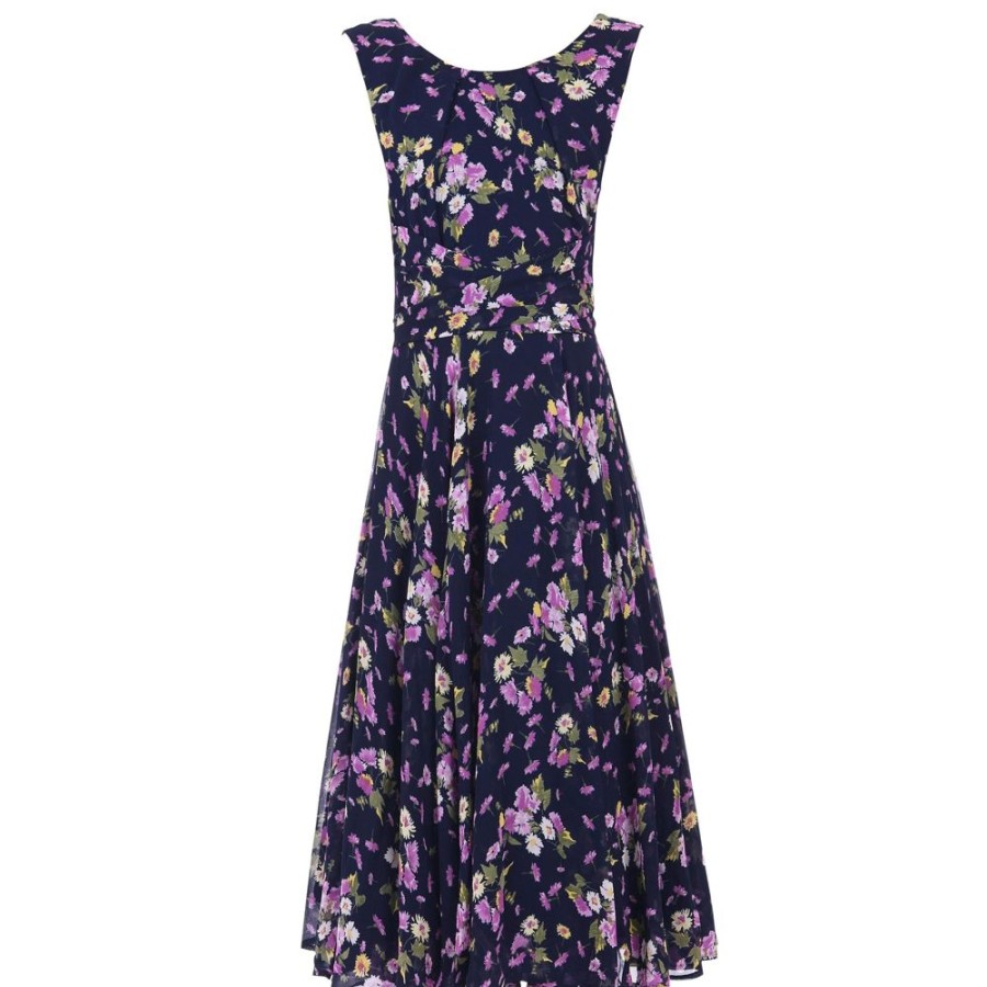 Jolie Moi Jolie Moi Navy Floral Sleeveless Chiffon 50S Swing Audrey Dress | Cocktail Dresses