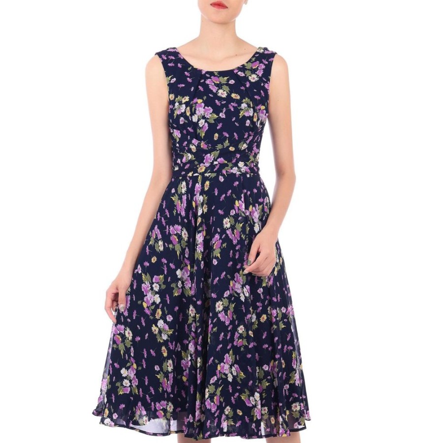 Jolie Moi Jolie Moi Navy Floral Sleeveless Chiffon 50S Swing Audrey Dress | Cocktail Dresses