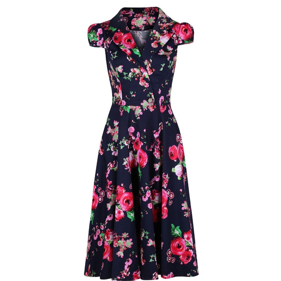 Pretty Kitty Fashion Classic Navy And Floral Print Pin Up 50S Swing Tea Dress | 50S Swing Dresses