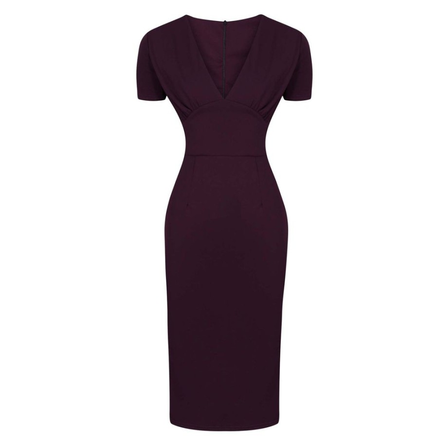 Pretty Kitty Fashion Aubergine Short Sleeve Deep V Neck Bodycon Midi Dress | Pencil Dresses