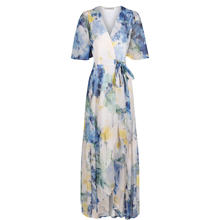 Pretty Kitty Fashion Hope & Ivy White & Blue Floral Print Flutter Sleeve Maxi Wrap Dress | Floral Dresses