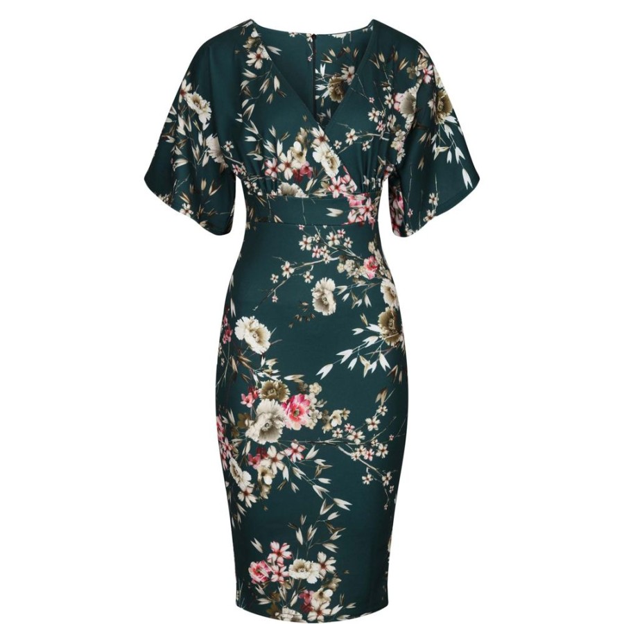 Pretty Kitty Fashion Forest Floral Half Batwing Sleeve Crossover Top Pencil Dress | Party Dresses