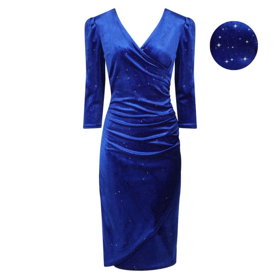 Pretty Kitty Fashion Blue Velour Sparkle Wrapover 3/4 Sleeve Midi Dress | Wiggle Dresses