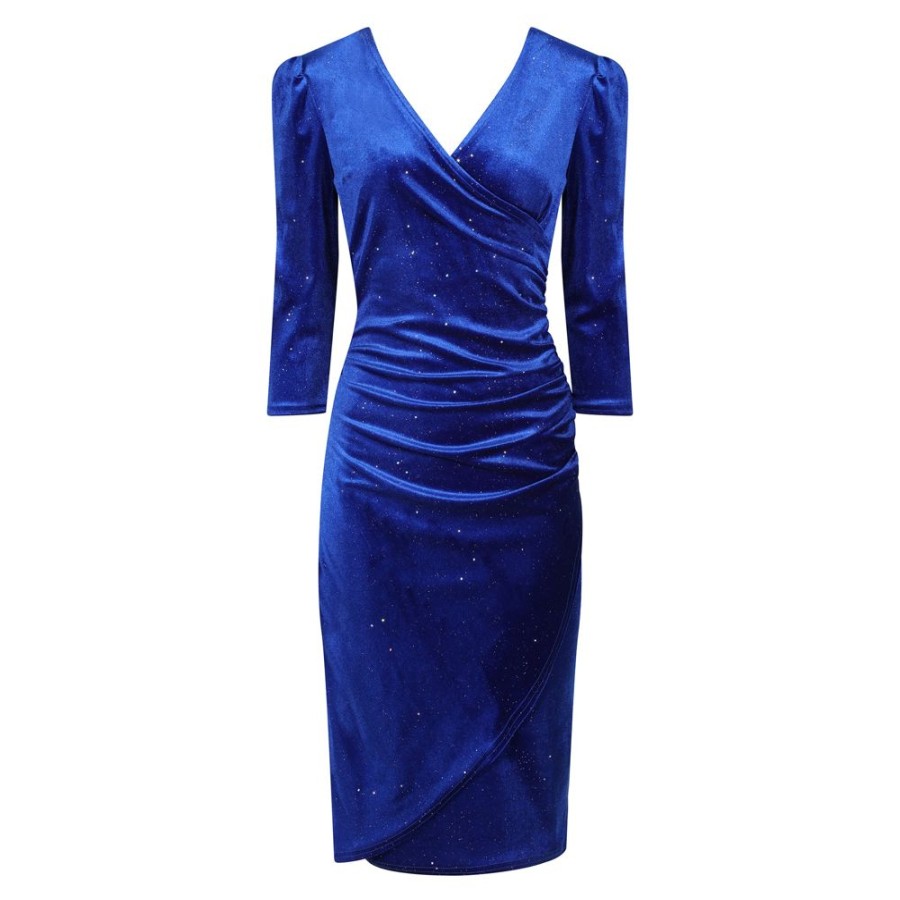 Pretty Kitty Fashion Blue Velour Sparkle Wrapover 3/4 Sleeve Midi Dress | Wiggle Dresses