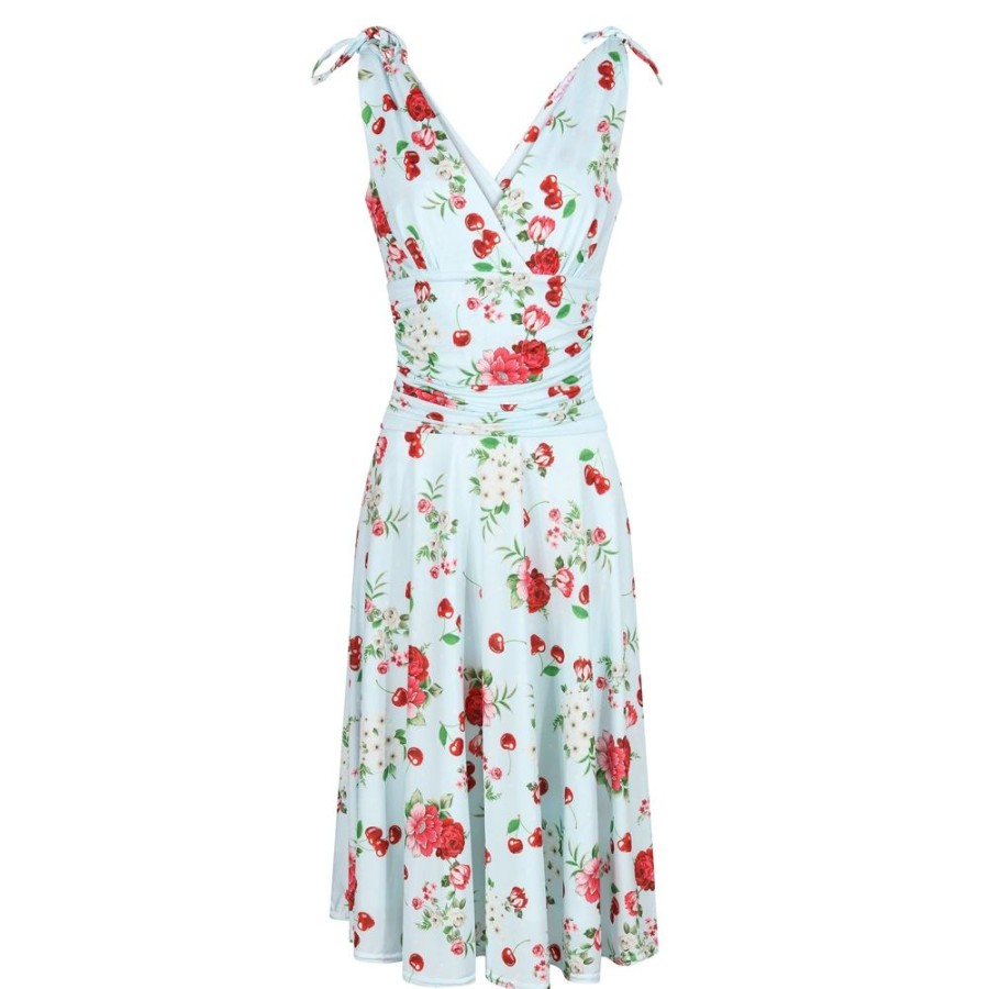 Pretty Kitty Fashion Light Floral & Cherry Print V Neck Tie Shoulder 50S Swing Dress | Floral Dresses